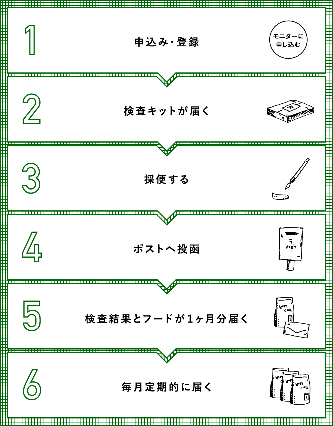 申込み・登録→検査キットが届く→採便する→ポストへ投函→検査結果とフードが１ヶ月分届く→毎月定期的に届く