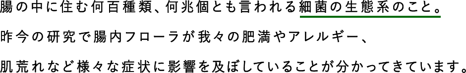 腸の中に住む何百種類、何兆個とも言われる細菌の生態系のこと。昨今の研究で腸内フローラが我々の肥満やアレルギー、肌荒れな症状に影響を及ぼしていることが分かってきています。